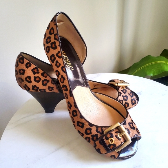 Michael Kors Animal Print Leopard Open Toe Heels With Buckles Size 9M - Picture 9 of 14